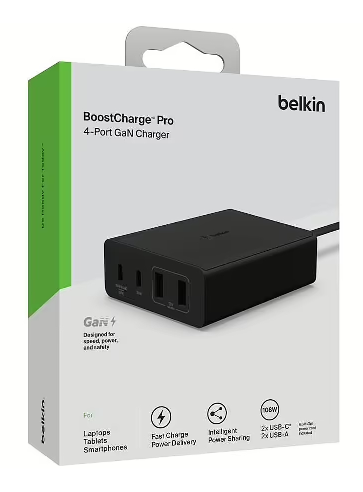 Belkin 108w 4-ports Usb Gan Desktop Charger (dual C & A) 2m Cord Black