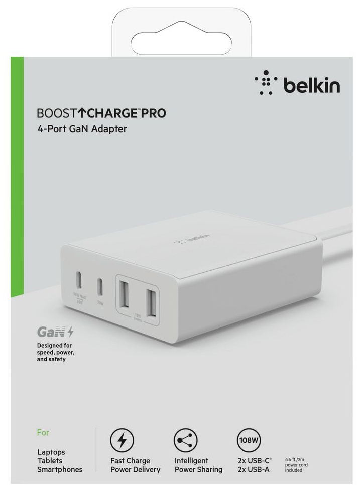 Belkin 108w 4-ports Usb Gan Desktop Charger (dual C & A) 2m Cord White