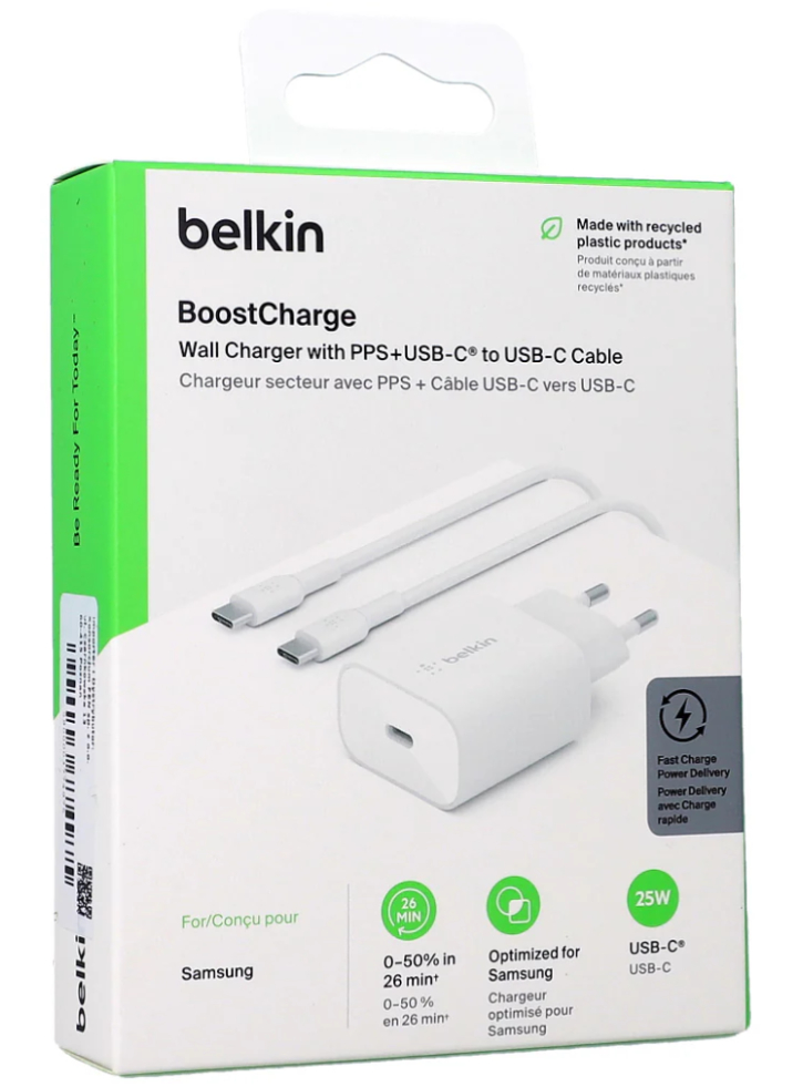 Belkin 25w Pd Pps Wall Charger Universal (samsung & Apple Bundle C-c Cable 1m)