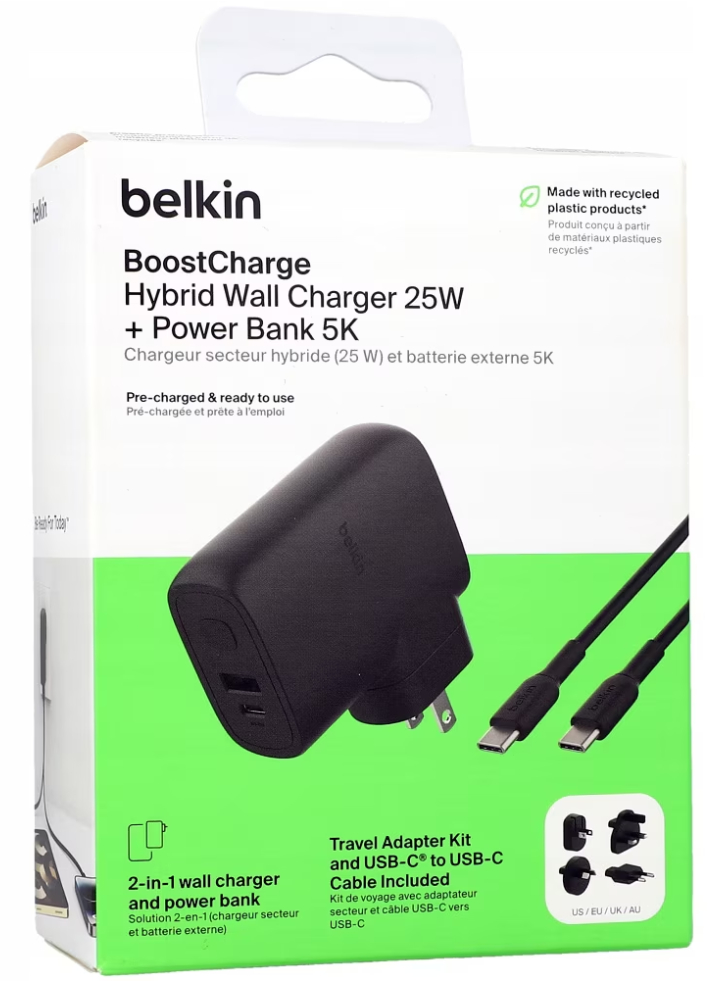 Belkin Boost Charge Hybrid Wall Travel Charger 25w+5k Power Bank Black