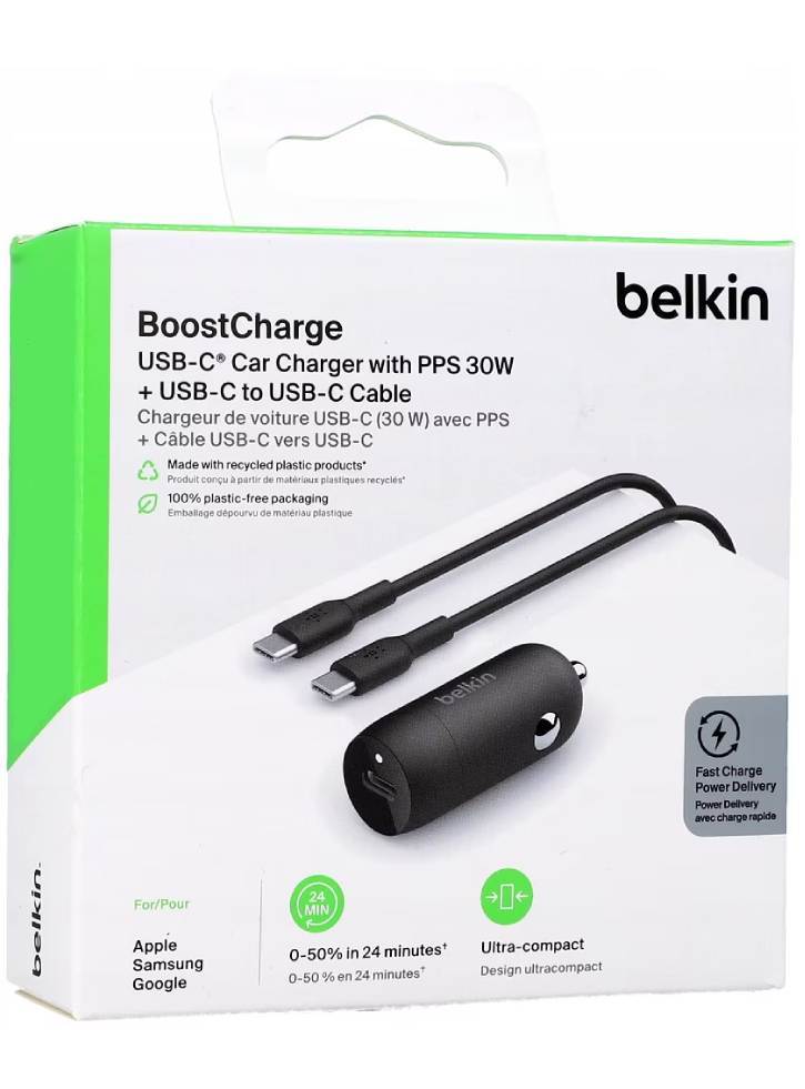 Belkin 30w Usb-c Pd Pps Car Charger 1m Pvc C-c Cable