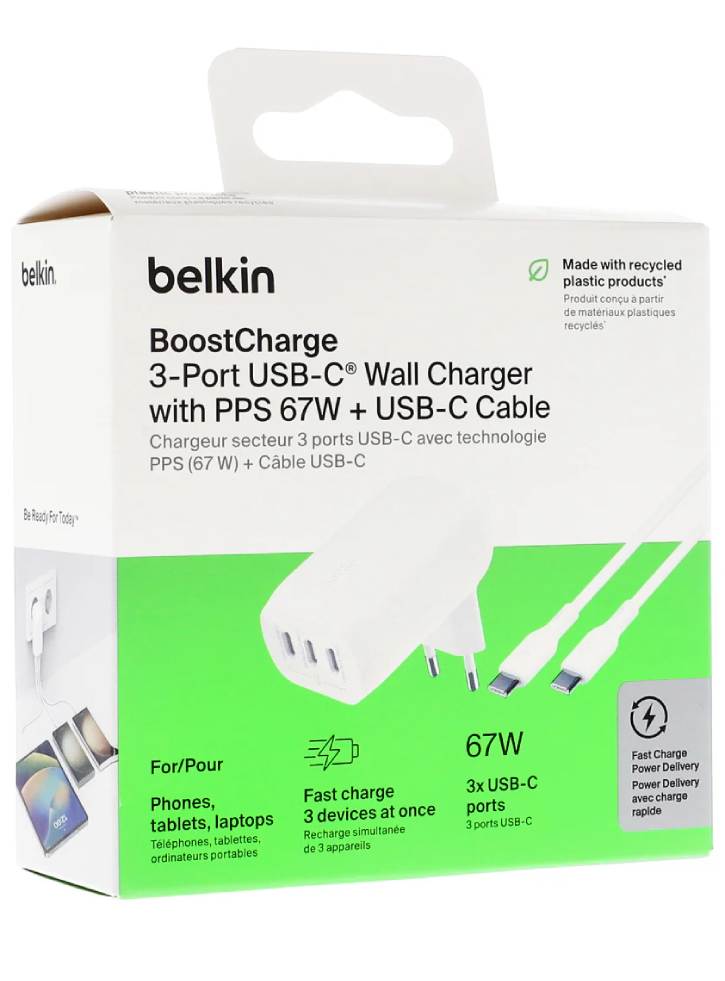 Belkin 67w 3-port Usb-c Wall Charger Pps 20w+20w+25w 100w 5a Usb-c Cable