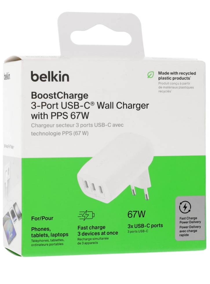Belkin 67w Usb-c 3-port Wall Charger Pps 20w+20w+25w White