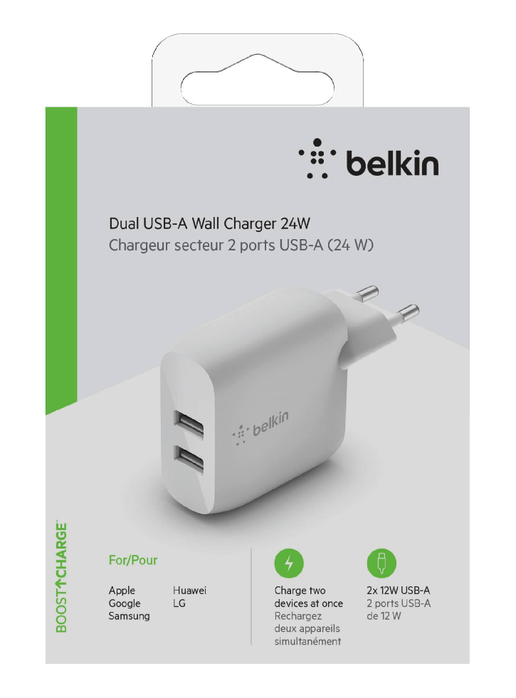 Belkin Dual Usb-a Wal Charger 12w X2 White