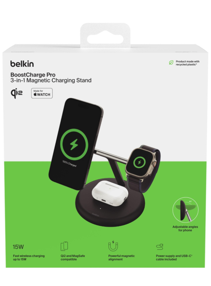 Belkin Boost Charge Pro 3in1 Qi2 15w Magnetic Adjustable Charginf Stand Black
