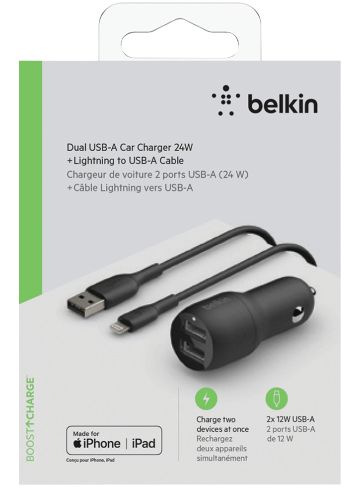 Belkin Dual Usb-a Car Charger 1m Pvc A-ltg 24w Black