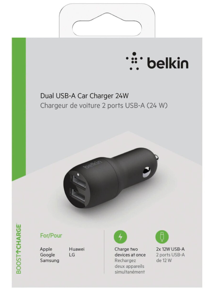 Belkin Dual Usb-a Car Charger 12w X2 Black