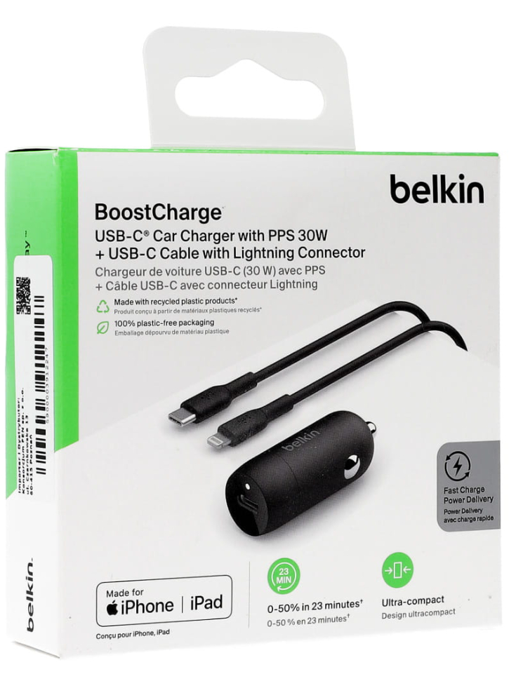 Belkin 30w Usb Pd Car Charger Pps Pvc C-ltg 1m Black
