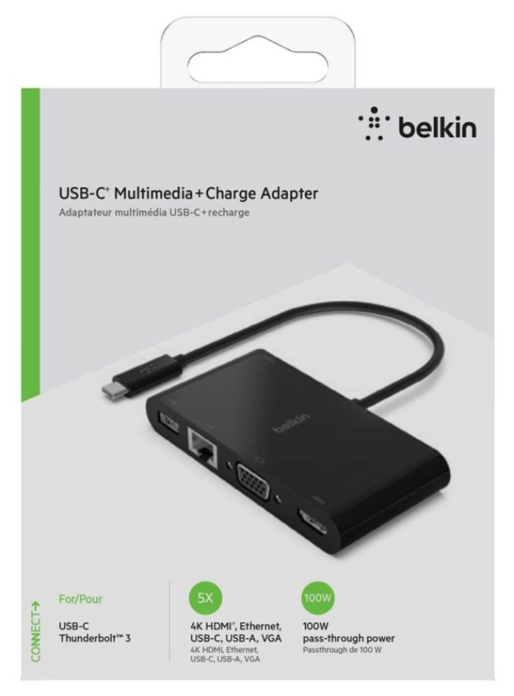 Belkin Usb-c Multimedia + Charge Adapter (gbe,hdmi,vga,usb-a) Black 100w Pd
