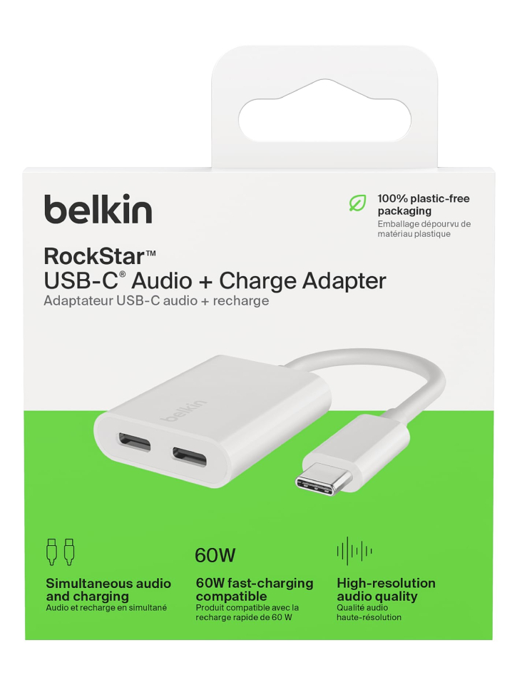 Belkin Dual Usb-c Audio + Charge Adapter White