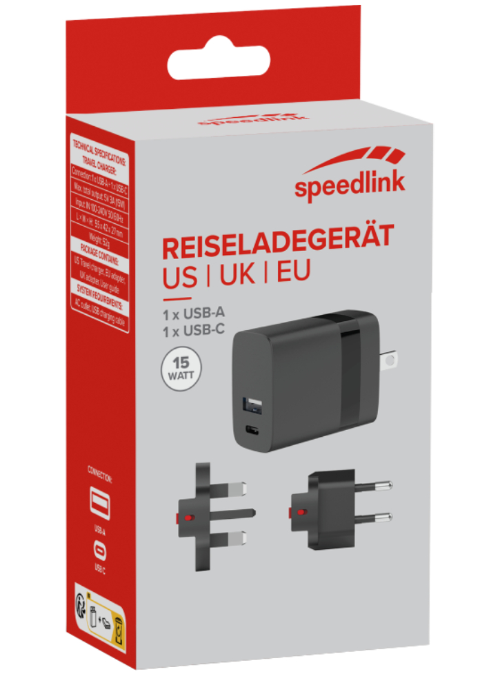 Speedlink Travel Charger Usb-a & Usb-c 15w For Us-uk-eu, Black