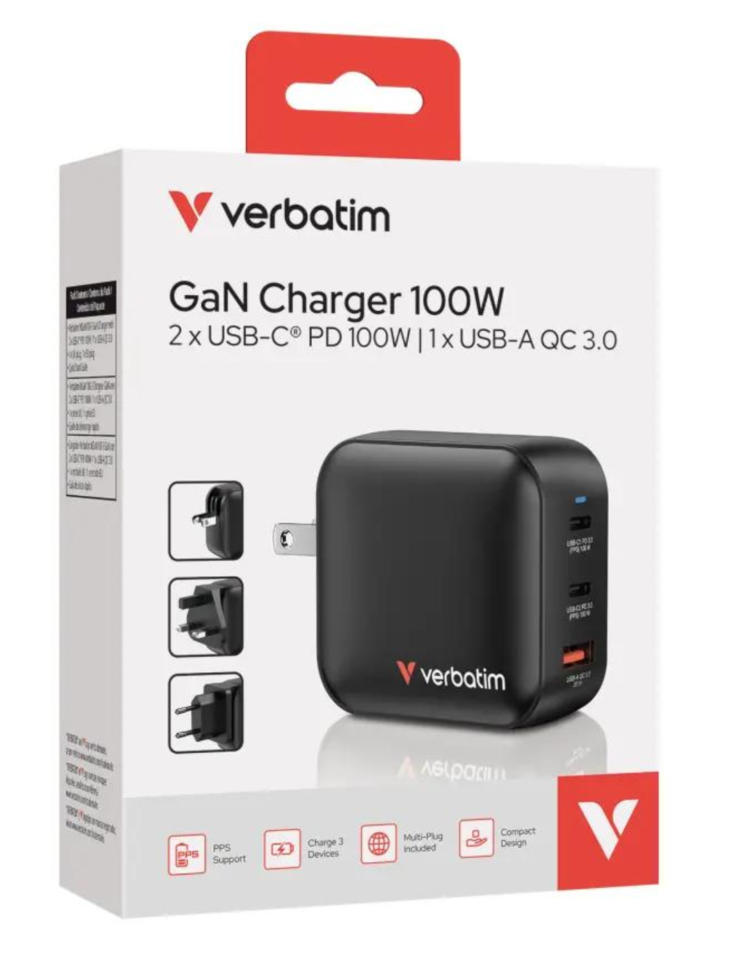 Verbatim 100w Gan Charger Us With Eu And Uk Adaptors 3 Port
