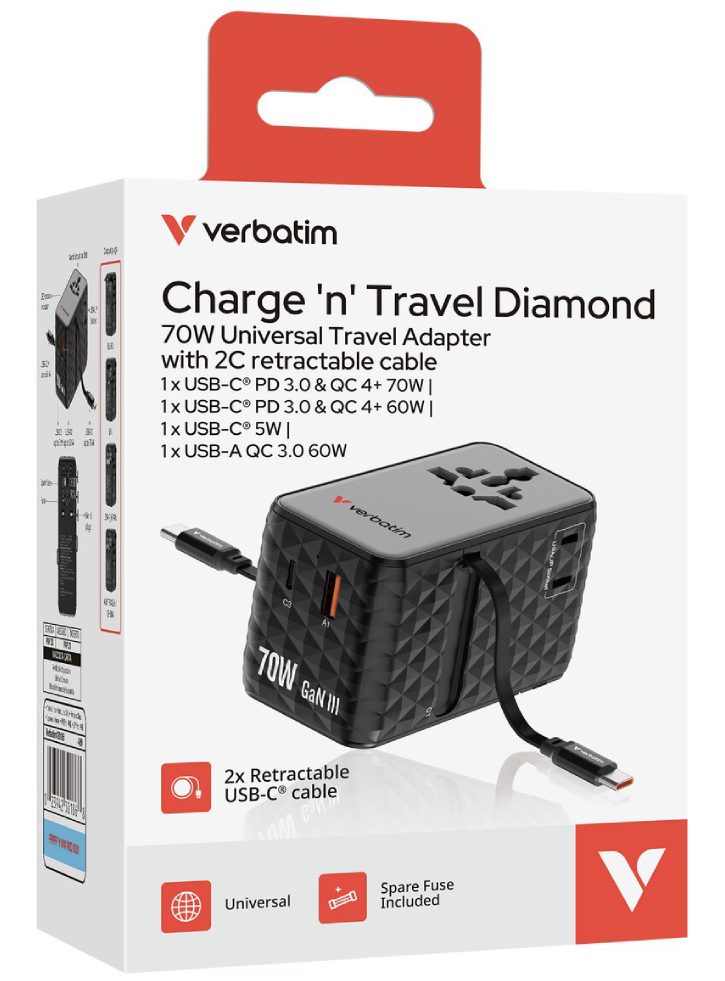 Verbatim Charger Travel 70w 2c Retractable Universal Travel Adapter Black