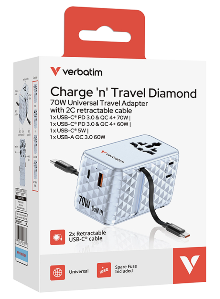 Verbatim Charger Travel 70w 2c Retractable Universal Travel Adapter Blue