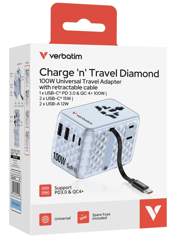 Verbatim Charger Travel 100w Universal Travel Adapter With Retractable Cable Blue